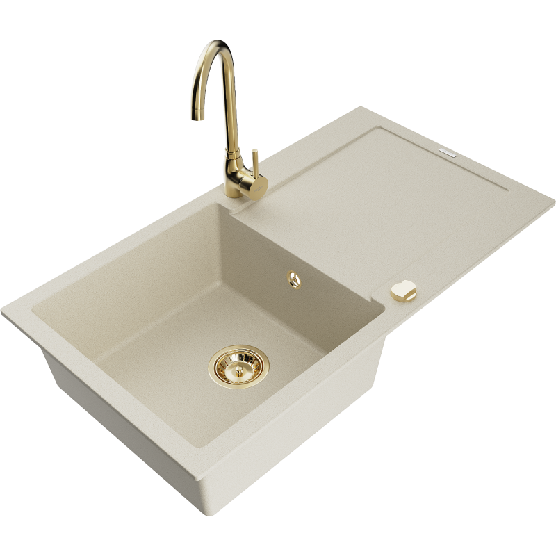 Mexen Leo évier en granit 1 bac avec égouttoir et robinet de cuisine Telma, beige - 6501-69-670200-50