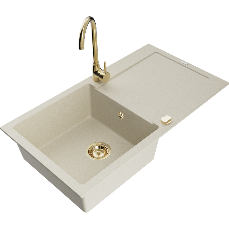 Mexen Leo granieten spoelbak 1-kommer met afdruiprek en keukenmengkraan Telma, beige - 6501-69-670200-50