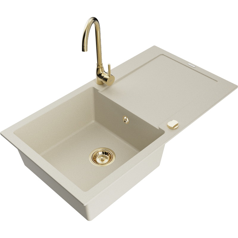 Mexen Leo vienkameras granīta izlietne ar notecējumu un virtuvē krānu Telma, bēša - 6501-69-670200-50