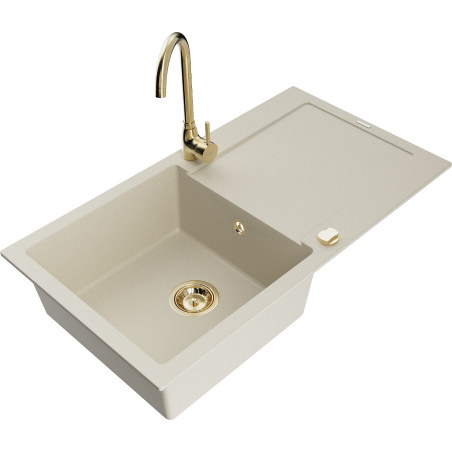 Mexen Leo évier en granit 1 bac avec égouttoir et robinet de cuisine Telma, beige - 6501-69-670200-50