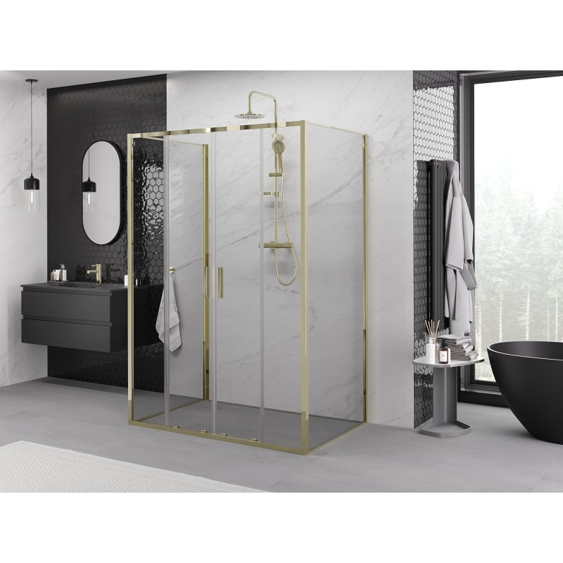 Mexen Exo-S Duo 3S cabina doccia a 3 lati scorrevole 140 x 85 cm, trasparente, oro - 8152-140-085-50-00-3S