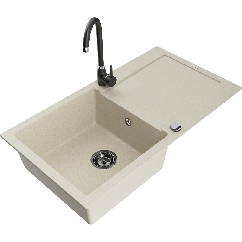 Mexen Leo évier de cuisine en granit 1 bac avec égouttoir et robinet Telma, beige - 6501-69-670200-70