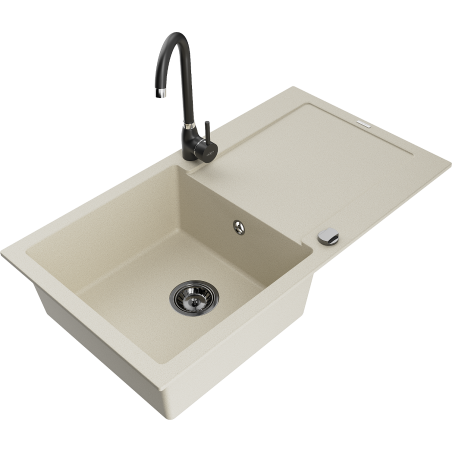 Mexen Leo évier en granit 1 bac avec égouttoir et robinet de cuisine Telma, beige - 6501-69-670200-70