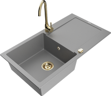 Mexen Leo 1-bowl granite sink with drainer and Telma kitchen tap, grey - 6501-71-670200-50