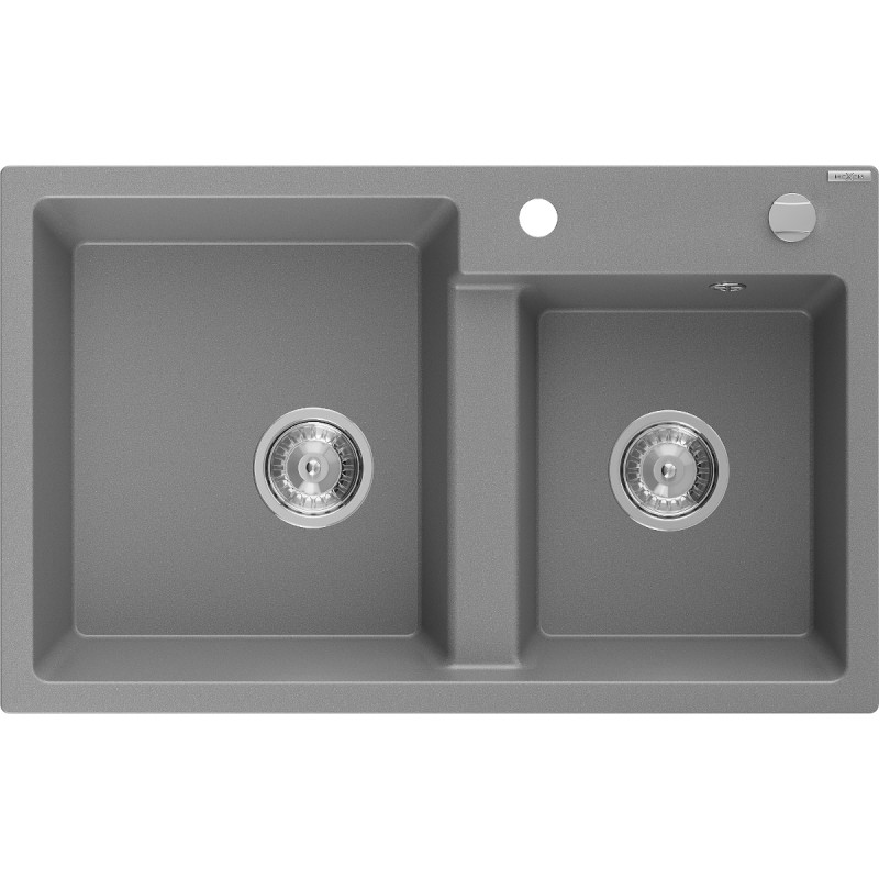 Mexen Tomas granieten gootsteen met 2 compartimenten 800 x 500 mm, grijs, chromen sifon - 6516802000-71