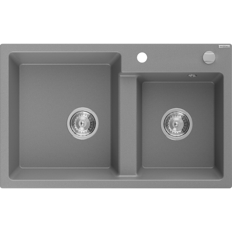Mexen Tomas granite sink 2-bowl 800 x 500 mm, grey, chrome siphon - 6516802000-71