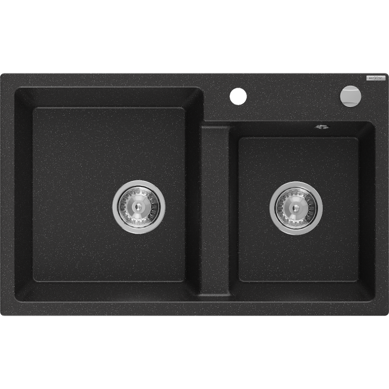 Mexen Tomas Granitspüle 2-Kammer 800 x 500 mm, schwarz/silber metallic, Siphon Chrom - 6516802000-73