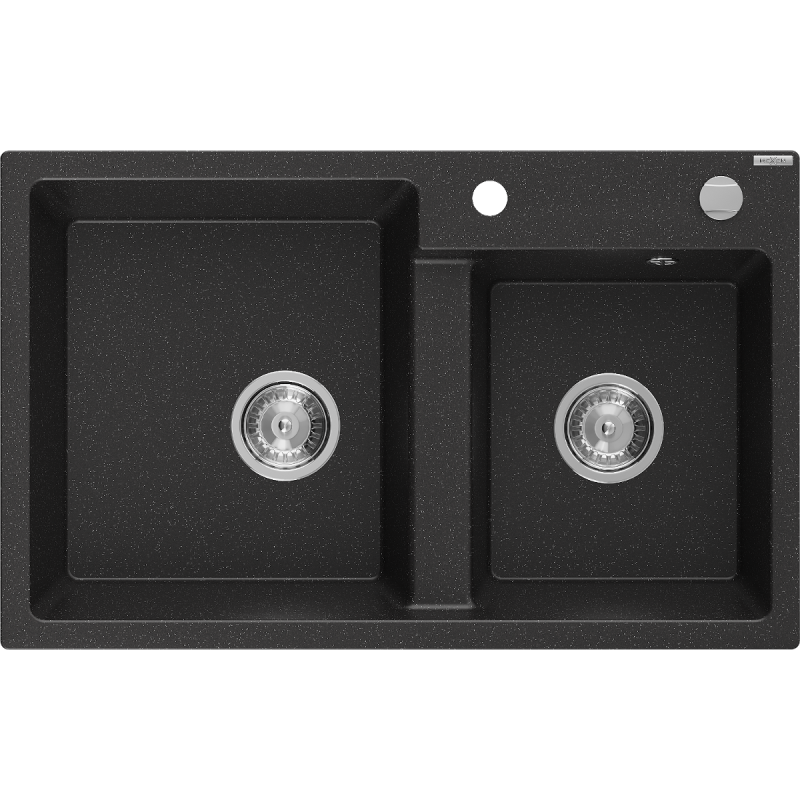Mexen Tomas lavello in granito a 2 vasche 800 x 500 mm, nero/argento metallizzato, sifone cromato - 6516802000-73