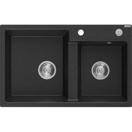 Mexen Tomas fregadero de granito de 2 compartimentos 800 x 500 mm, negro/plateado metálico, sifón cromado - 6516802000-73