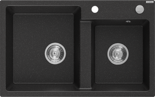 Mexen Tomas Granitspüle 2-Kammer 800 x 500 mm, schwarz/silber metallic, Siphon Chrom - 6516802000-73