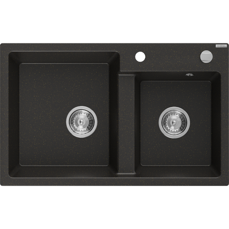 Mexen Tomas fregadero de cocina de granito de 2 senos 800 x 500 mm, negro/dorado metalizado, sifón cromo - 6516802000-75