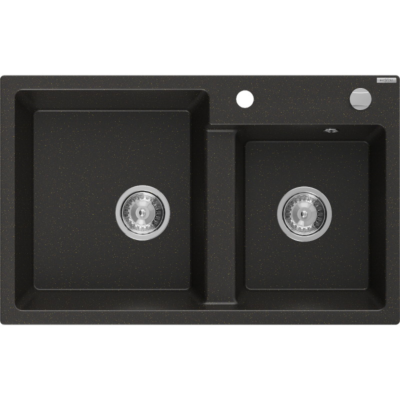 Mexen Tomas fregadero de granito de 2 compartimentos 800 x 500 mm, negro/dorado metalizado, sifón cromado - 6516802000-75