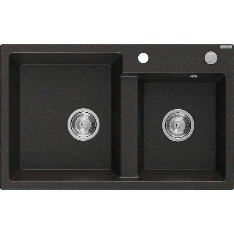 Mexen Tomas granite sink 2-bowl 800 x 500 mm, black/gold metallic, chrome siphon - 6516802000-75