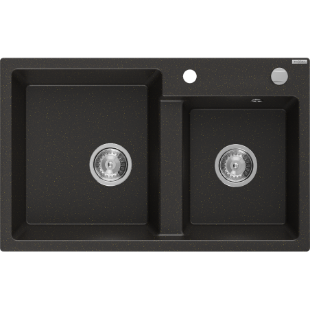 Mexen Tomas granite sink 2-bowl 800 x 500 mm, black/gold metallic, chrome siphon - 6516802000-75