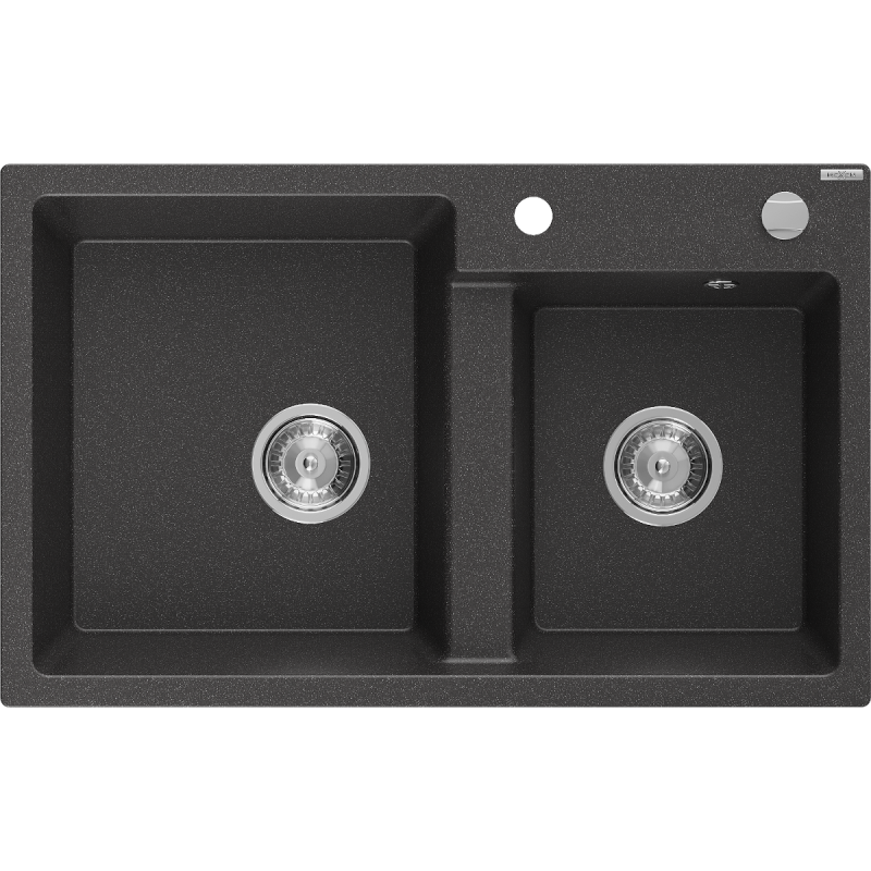 Mexen Tomas évier en granit 2 bacs 800 x 500 mm, noir moucheté, siphon chromé - 6516802000-76