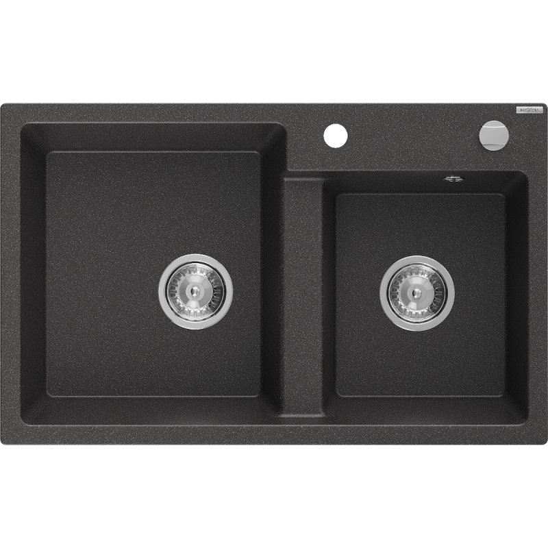 Mexen Tomas granite sink 2-bowl 800 x 500 mm, black speckled, chrome siphon - 6516802000-76