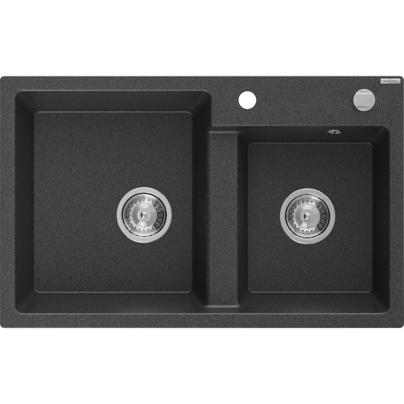 Mexen Tomas twee-compartimenten granieten gootsteen 800 x 500 mm, zwart gespikkeld, chroom sifon - 6516802000-76