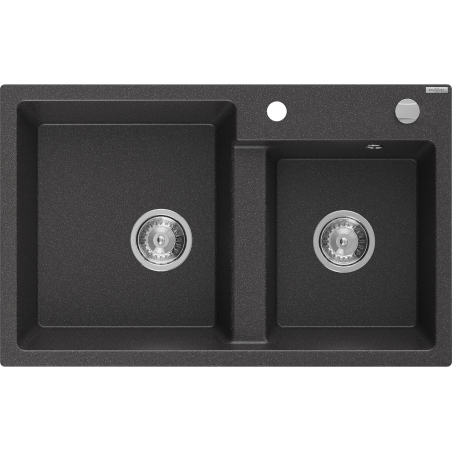 Mexen Tomas granite sink 2-bowl 800 x 500 mm, black speckled, chrome siphon - 6516802000-76