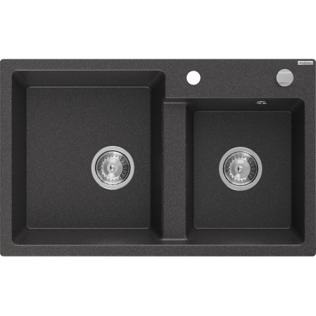 Mexen Tomas lavello in granito a 2 vasche 800 x 500 mm, nero macchiato, sifone cromato - 6516802000-76