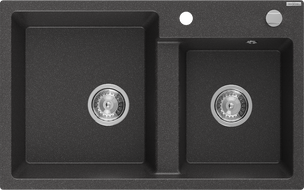 Mexen Tomas granite sink 2-chamber 800 x 500 mm, black speckled, chrome siphon - 6516802000-76