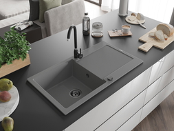 Mexen Leo lavello da cucina in granito a 1 vasca con scolapiatti e miscelatore Telma, grigio - 6501-71-670200-70-B