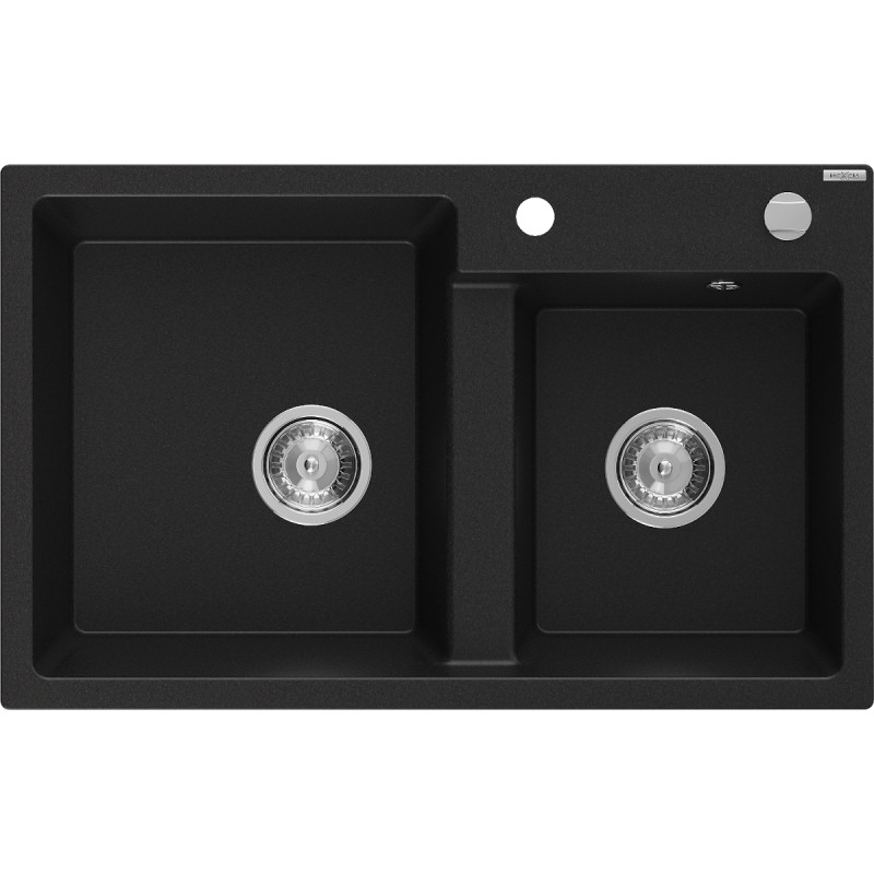 Mexen Tomas fregadero de granito de 2 senos 800 x 500 mm, negro, sifón cromado - 6516802000-77