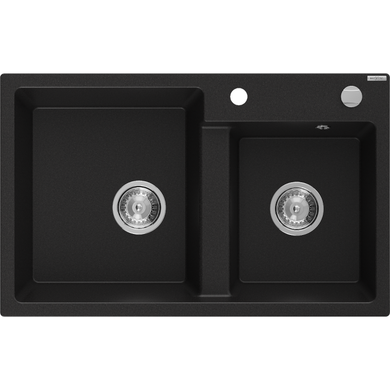 Mexen Tomas granite sink 2-bowl 800 x 500 mm, black, chrome siphon - 6516802000-77