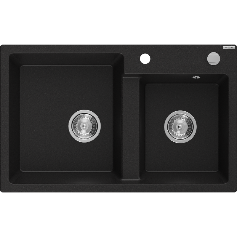 Mexen Tomas lava-loiça de granito 2-cubas 800 x 500 mm, preto, sifão cromado - 6516802000-77