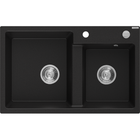 Mexen Tomas granite kitchen sink with 2 bowls 800 x 500 mm, black, chrome siphon - 6516802000-77