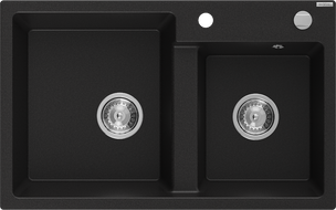 Mexen Tomas granite kitchen sink with 2 bowls 800 x 500 mm, black, chrome siphon - 6516802000-77
