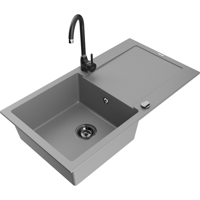 Mexen Leo 1-bowl granite kitchen sink with drainer and Telma kitchen tap, grey - 6501-71-670200-70-B