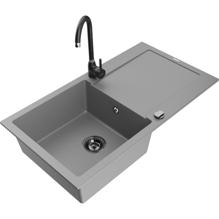 Mexen Leo 1-bowl granite kitchen sink with drainer and Telma kitchen tap, grey - 6501-71-670200-70-B