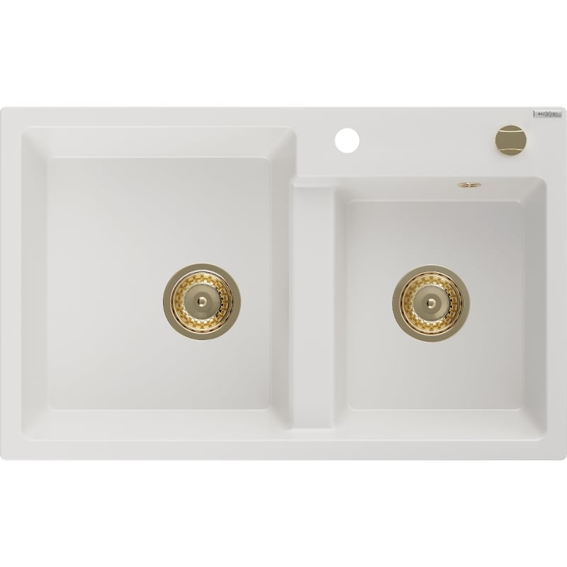 Mexen Tomas fregadero de granito de 2 cámaras 800 x 500 mm, blanco, sifón dorado - 6516802000-20-G