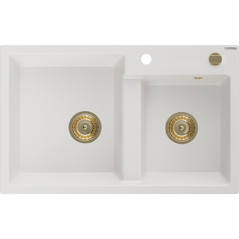 Mexen Tomas granieten gootsteen met 2 kamers 800 x 500 mm, wit, gouden sifon - 6516802000-20-G
