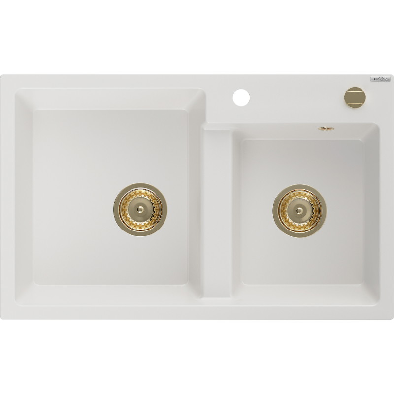 Mexen Tomas granit gootsteen 2-kamers 800 x 500 mm, wit, gouden sifon - 6516802000-20-G