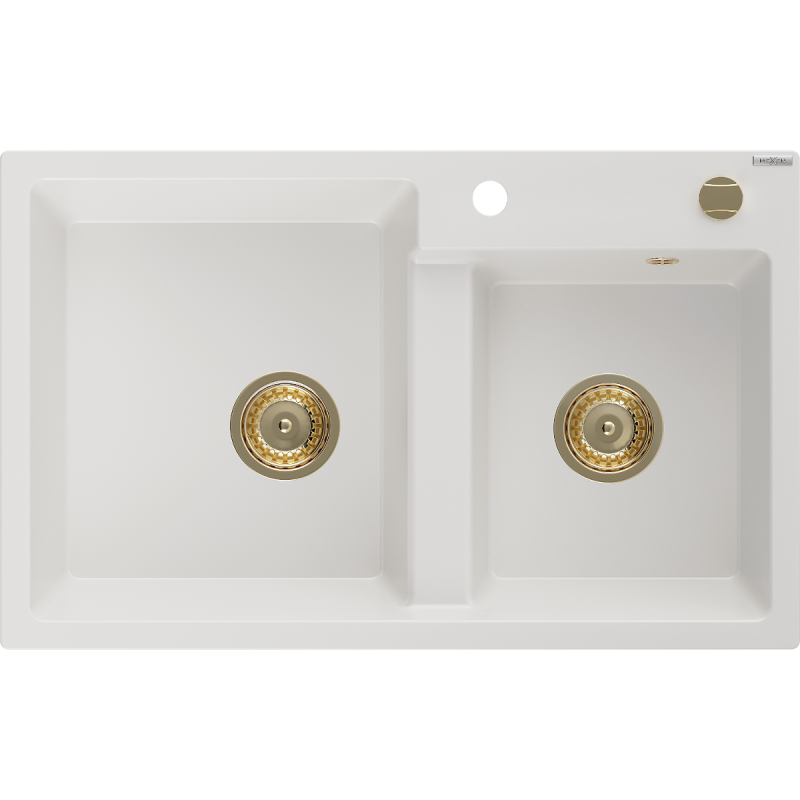Mexen Tomas granite sink 2-chamber 800 x 500 mm, white, golden siphon - 6516802000-20-G