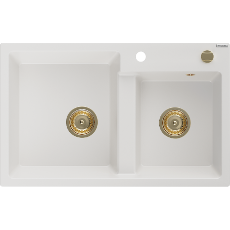 Mexen Tomas fregadero de granito de 2 cámaras 800 x 500 mm, blanco, sifón dorado - 6516802000-20-G