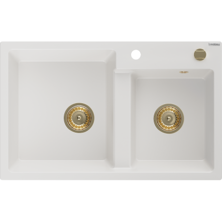 Mexen Tomas granieten gootsteen met 2 kamers 800 x 500 mm, wit, gouden sifon - 6516802000-20-G