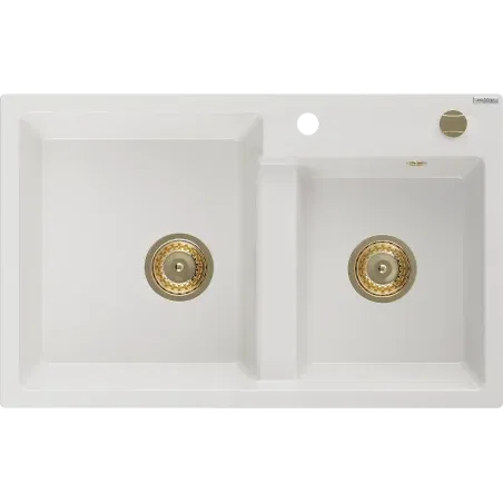Mexen Tomas Granitspüle 2-Kammer 800 x 500 mm, weiß, Siphon gold - 6516802000-20-G