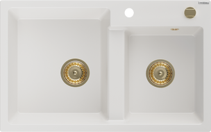 Mexen Tomas lava-louça de granito 2-comportas 800 x 500 mm, branco, sifão dourado - 6516802000-20-G