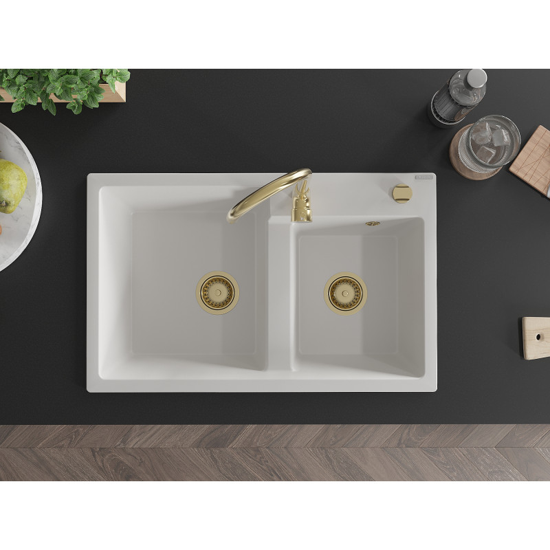 Mexen Tomas granieten gootsteen met 2 kamers 800 x 500 mm, wit, gouden sifon - 6516802000-20-G