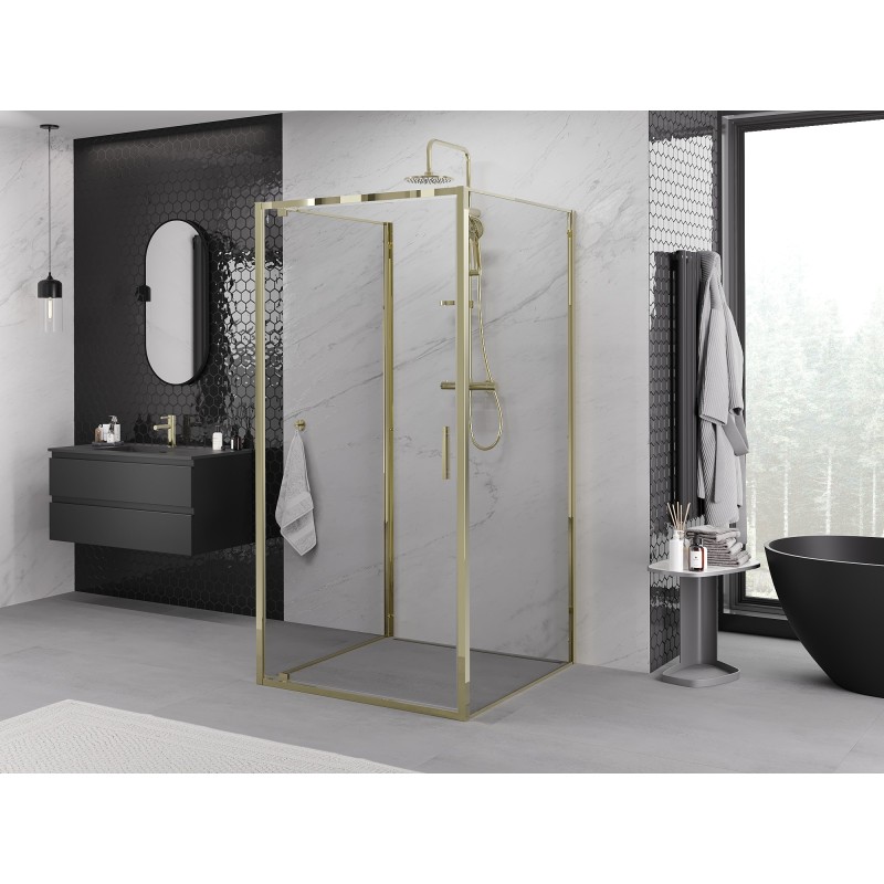 Mexen Exo-3S trīssienu dušas kabīne, atverama, 75 x 75 cm, caurspīdīga, zelta - 8181-075-075-50-00-3S