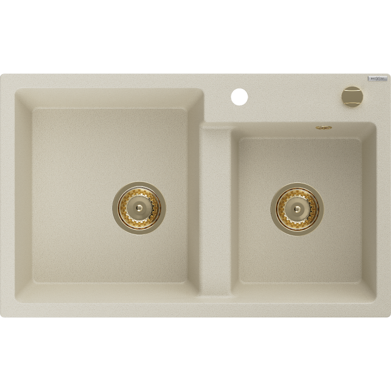Mexen Tomas fregadero de granito de 2 cubetas 800 x 500 mm, beige, sifón dorado - 6516802000-69-G