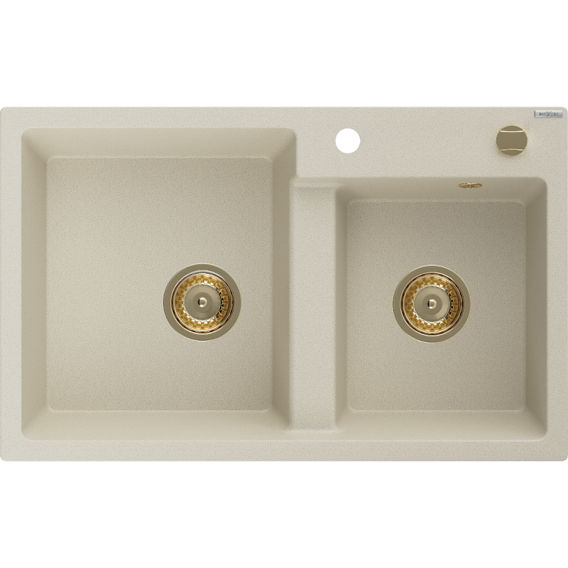 Mexen Tomas granieten spoelbak 2-kamer 800 x 500 mm, beige, gouden sifon - 6516802000-69-G
