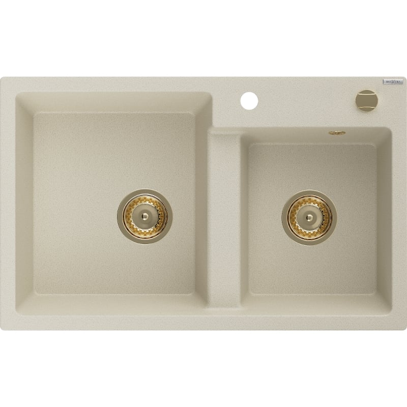 Mexen Tomas Granitspüle 2-beckig 800 x 500 mm, beige, goldener Siphon - 6516802000-69-G