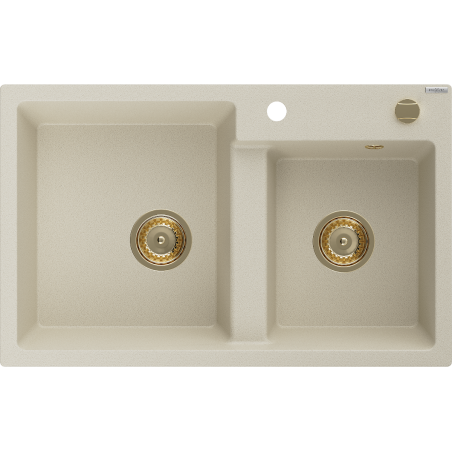 Mexen Tomas granieten spoelbak 2-kamer 800 x 500 mm, beige, gouden sifon - 6516802000-69-G