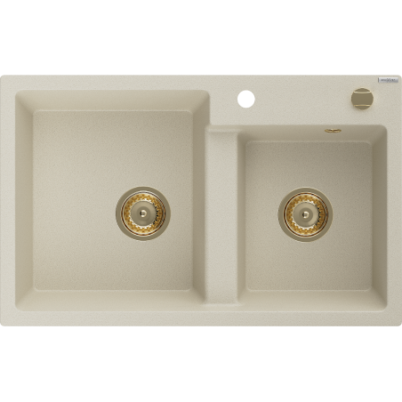Mexen Tomas granite kitchen sink 2-bowl 800 x 500 mm, beige, gold siphon - 6516802000-69-G