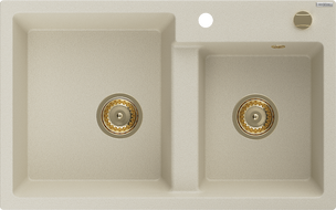 Mexen Tomas fregadero de granito de 2 cubetas 800 x 500 mm, beige, sifón dorado - 6516802000-69-G