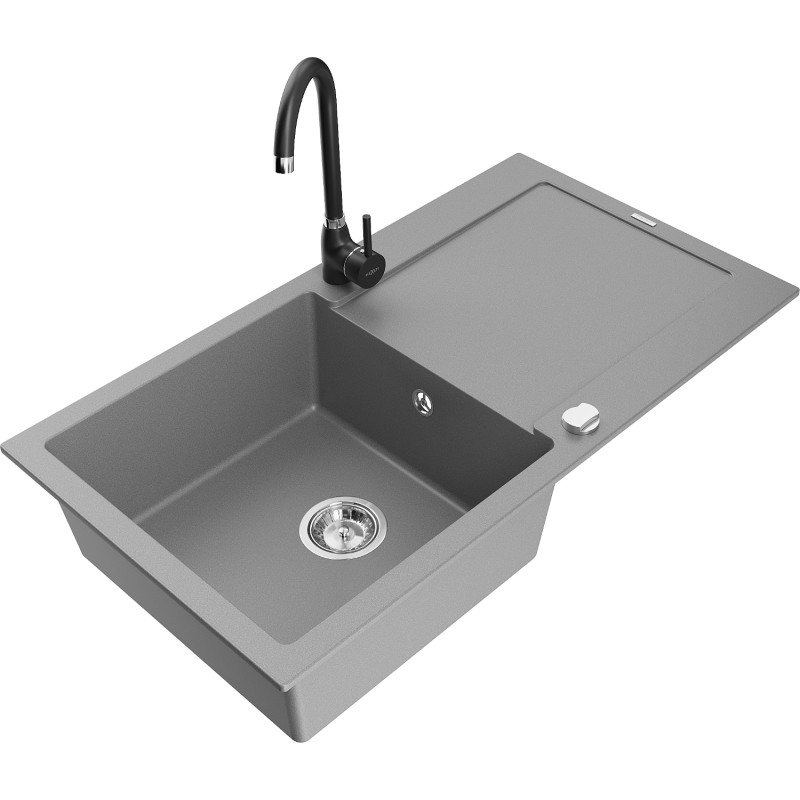 Mexen Leo fregadero de granito de 1 cubeta con escurridor y grifo de cocina Telma, gris - 6501-71-670200-70
