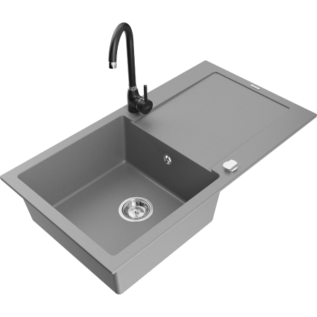 Mexen Leo granite sink 1-bowl with drainer and Telma kitchen tap, grey - 6501-71-670200-70